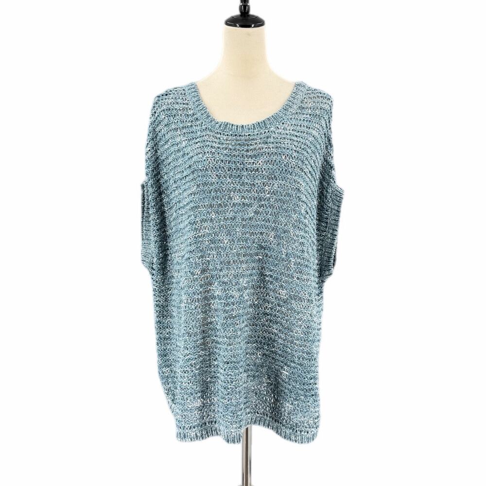 Eileen Fisher Blue White Open Knit Lightweight Coastal Cabincore Beachy Sweater